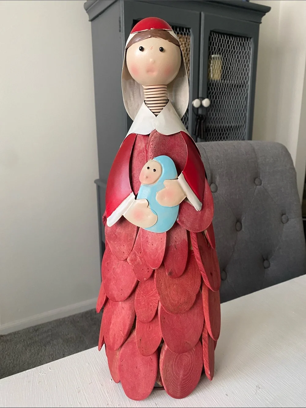 Handcrafted Red Driftwood Mother Mary and Baby Jesus Figurine Christmas